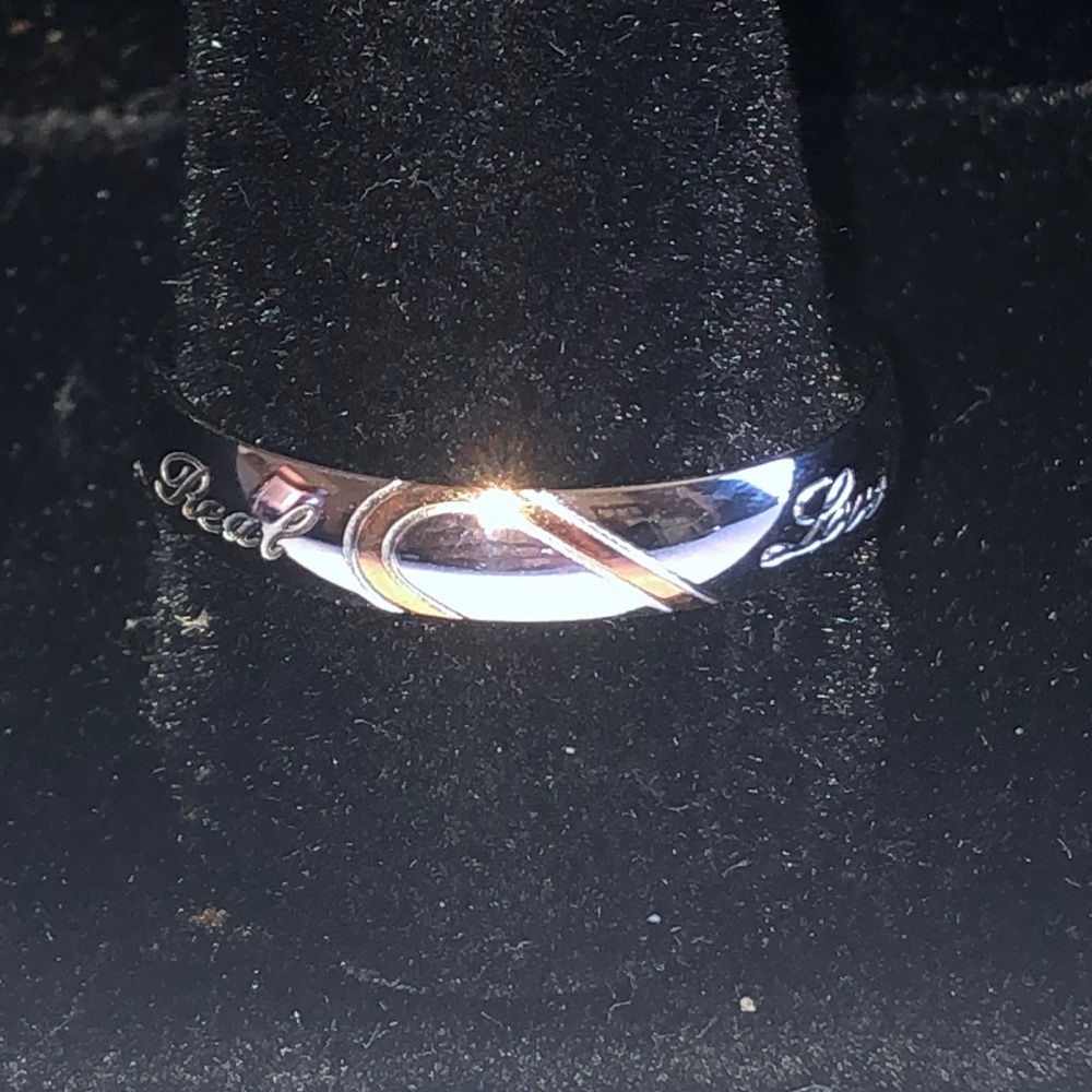 Silver Tone and Gold Tone Heart Engraved Ring - Picture 2 of 6